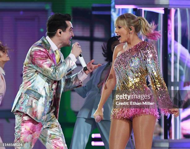 Brendon Urie of Panic! at the Disco and Taylor Swift perform during the 2019 Billboard Music Awards at MGM Grand Garden Arena on May 1, 2019 in Las...