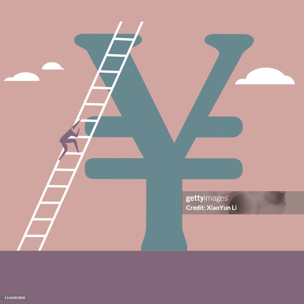 Businessman climbing the china yuan sign using a ladder.