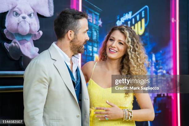 Ryan Reynolds and Blake Lively attend the "Pokemon Detective Pikachu" U.S. Premiere at Times Square on May 02, 2019 in New York City.