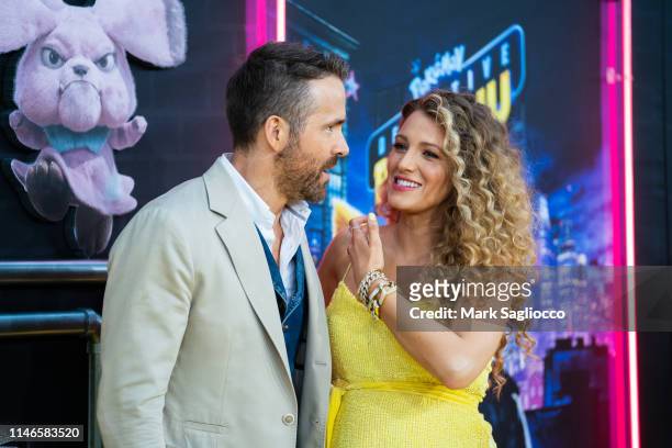 Ryan Reynolds and Blake Lively attend the "Pokemon Detective Pikachu" U.S. Premiere at Times Square on May 02, 2019 in New York City.