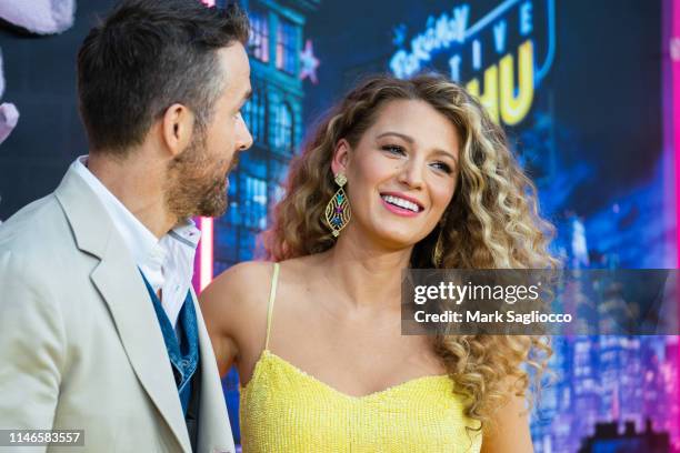 Ryan Reynolds and Blake Lively attend the "Pokemon Detective Pikachu" U.S. Premiere at Times Square on May 02, 2019 in New York City.