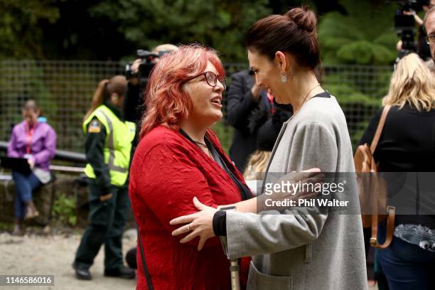 Anna Osborne from the Family Reference Group and Prime Minister Jacinda Ardern embrace at the entrance to the Pike River Mine on May 03, 2019 in...