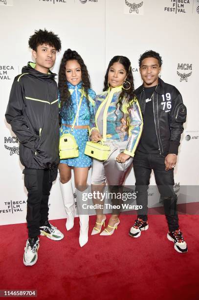 Niko Brim, Madison Star Brim, Misa Hylton Brim, and Justin Combs attend the premiere of "The Remix: Hip Hop x Fashion" at Tribeca Film Festival at...