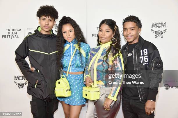 Niko Brim, Madison Star Brim, Misa Hylton Brim, and Justin Combs attend the premiere of "The Remix: Hip Hop x Fashion" at Tribeca Film Festival at...