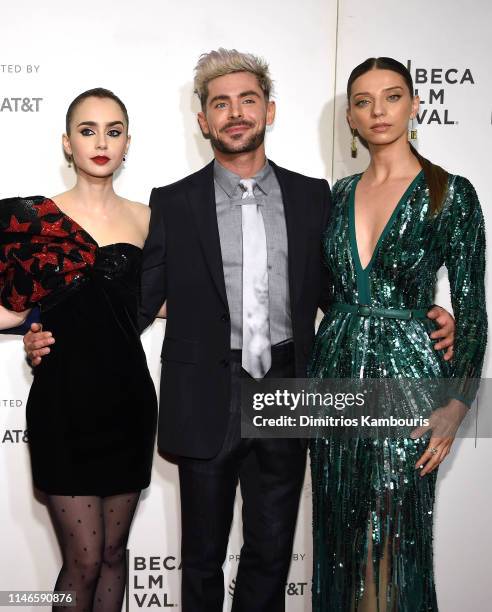 Lilly Collins, Zac Efron and Angela Sarafyan attend "Extremely Wicked, Shockingly Evil And Vile" - 2019 Tribeca Film Festival at BMCC Tribeca PAC on...