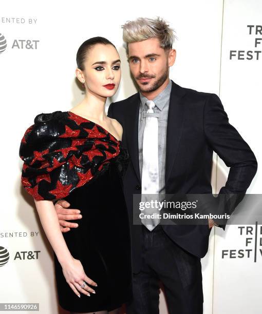 Lilly Collins and Zac Efron attend "Extremely Wicked, Shockingly Evil And Vile" - 2019 Tribeca Film Festival at BMCC Tribeca PAC on May 02, 2019 in...