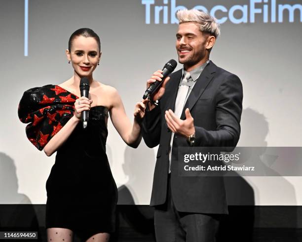 Lily Collins and Zac Efron participate in the Q&A for Netflix's "Extremely Wicked, Shockingly Evil and Vile" Tribeca Film Festival Premiere at BMCC...