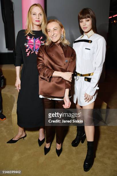 Uma Thurman, Miuccia Prada and Hailee Steinfeld attend the Prada Resort 2020 fashion show at Prada Headquarters on May 02, 2019 in New York City.
