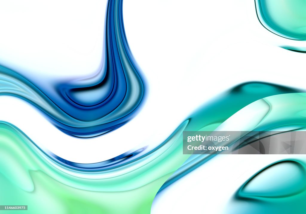 Abstract Blue and Green Wave Water Drop background, air bubble, twisted glass shape