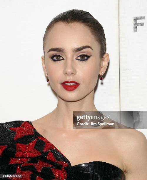 Actress Lily Collins attends the screening of "Extremely Wicked, Shockingly Evil and Vile" during the 2019 Tribeca Film Festival at BMCC Tribeca PAC...