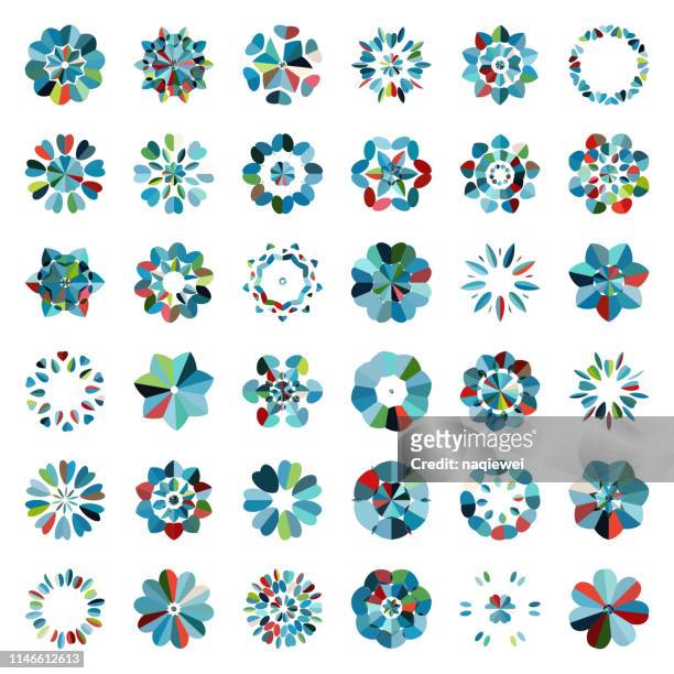 vector colorful floral buttons pattern icon collection - circle snowflake pattern stock illustrations