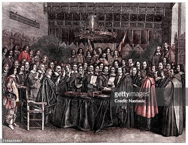 stockillustraties, clipart, cartoons en iconen met het zweren van de eed van bekrachtiging van het verdrag van westfalen in munster, 24 oktober 1648 - treaty
