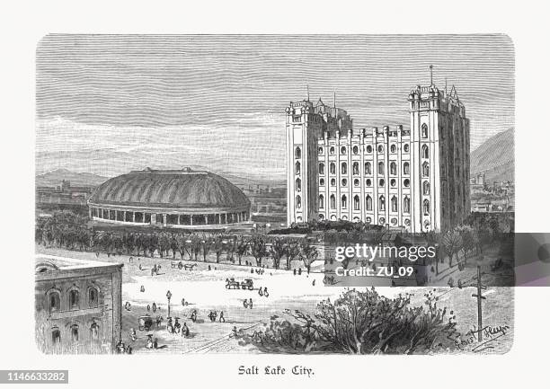 ilustraciones, imágenes clip art, dibujos animados e iconos de stock de los dos templos mormones en salt lake city, ee. uu., 1897 - tabernáculo de iglesia