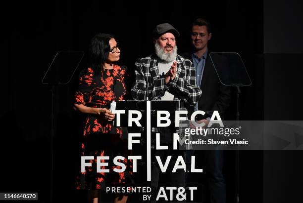 David Cross and Kathrine Narducci speak onstage at Awards Night - 2019 Tribeca Film Festival at BMCC Tribeca PAC on May 02, 2019 in New York City.