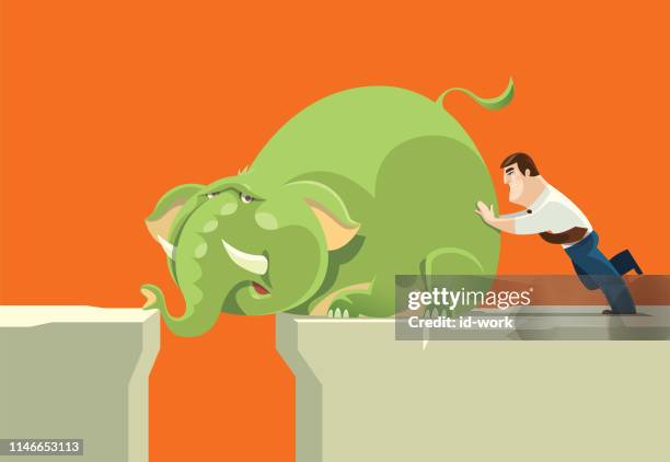 businessman pushing elephant - delivery guy stock illustrations