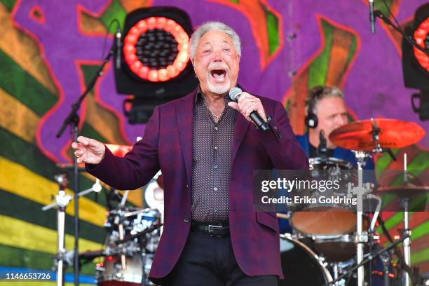 Tom Jones performs during the 2019 New Orleans Jazz & Heritage Festival 50th Anniversary at Fair Grounds Race Course on May 02, 2019 in New Orleans,...