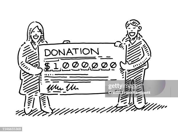 charity donation presentation people drawing - holding cheque stock illustrations