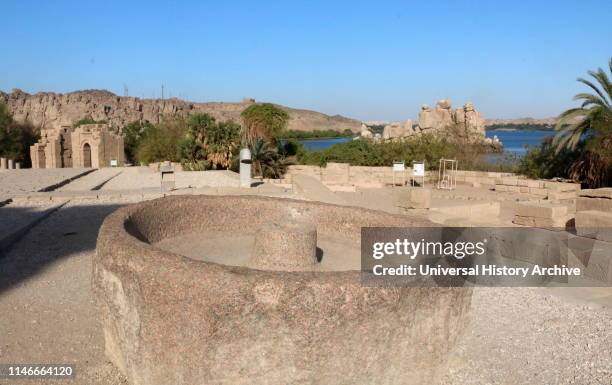 Photograph taken of Philae, an island in the reservoir of the Aswan Low Dam, Egypt. Philae was initially located near the expansive First Cataract of...