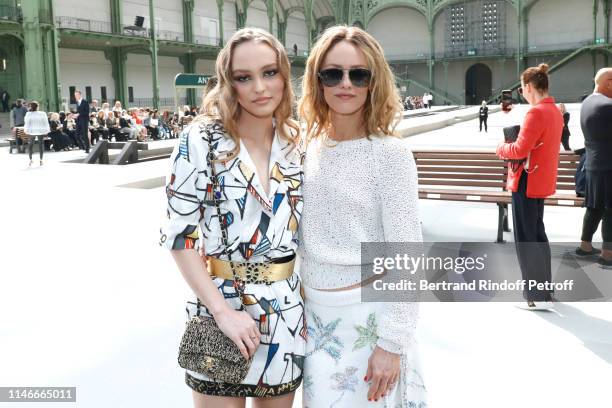 Lily-Rose Depp and her mother Vanessa Paradis attend the Chanel Cruise Collection 2020 : Front Row at Le Grand Palais on May 03, 2019 in Paris,...