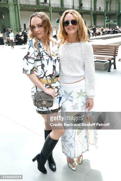 Lily-Rose Depp and her mother Vanessa Paradis attend the Chanel Cruise Collection 2020 : Front Row at Le Grand Palais on May 03, 2019 in Paris,...