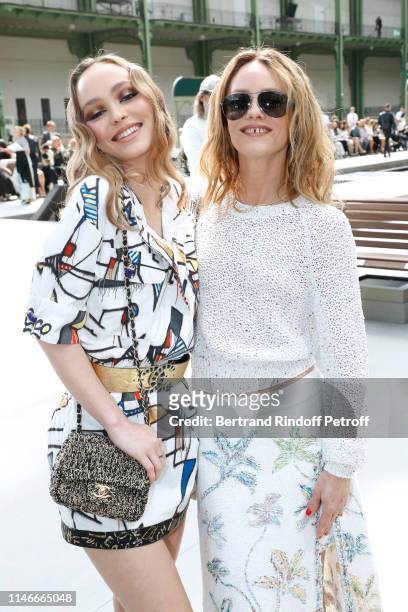 Lily-Rose Depp and her mother Vanessa Paradis attend the Chanel Cruise Collection 2020 : Front Row at Le Grand Palais on May 03, 2019 in Paris,...