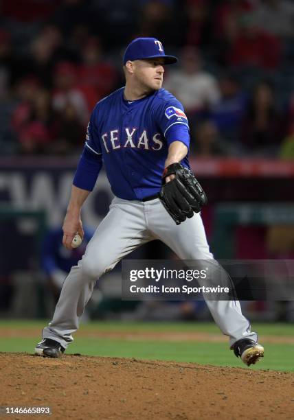 Texas Rangers pitcher Shawn Kelley in action during the ninth inning of a game against the Los Angeles Angels played on May 25, 2019 at Angel Stadium...