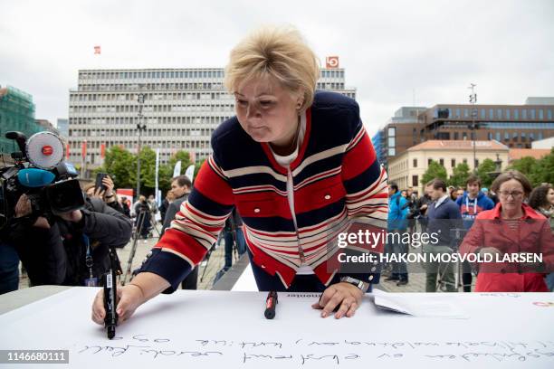 Norway´s Prime Minister Erna Solberg attends the official opening of a national campaign opposing social media harassment in Oslo, on May 28, 2019. /...