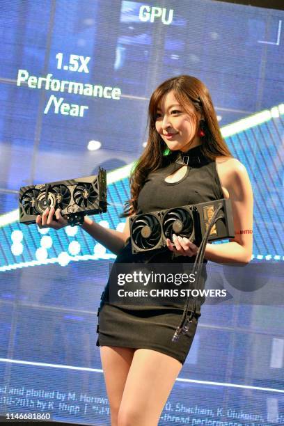 Model demonstrates products during Computex at Nangang exhibition centre in Taipei on May 28, 2019.