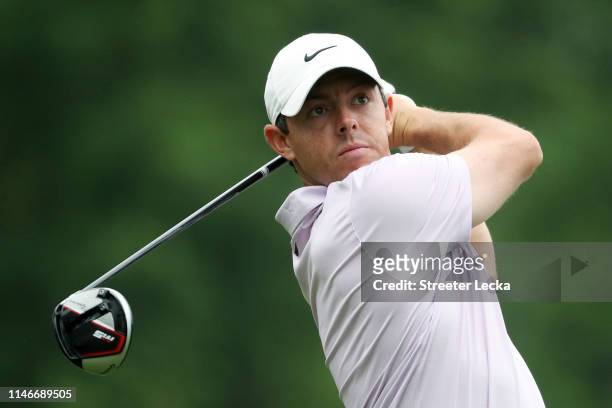 Rory McIlroy of Northern Ireland plays his shot from the 15th tee during the second round of the 2019 Wells Fargo Championship at Quail Hollow Club...