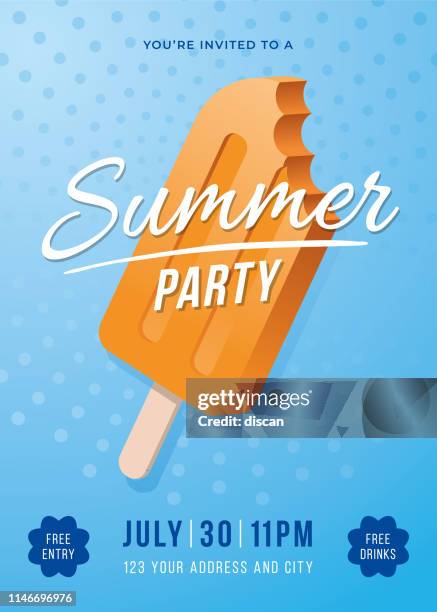 illustrations, cliparts, dessins animés et icônes de affiche de fête d’été avec des popsicles. - repas entre amis