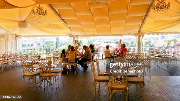 villa richter pergola view over prague - prague cafe stock pictures, royalty-free photos & images