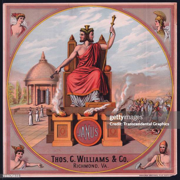 Color lithograph label for Janus tobacco from Thos. Williams company of Rochester, New York, c.1875.