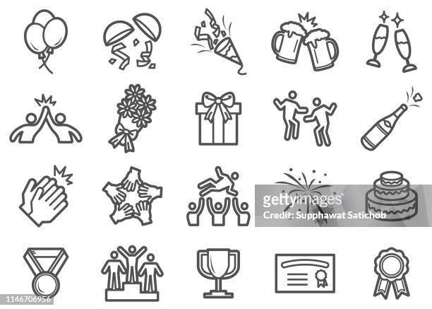 successful and celebration line icons - punching the air stock illustrations
