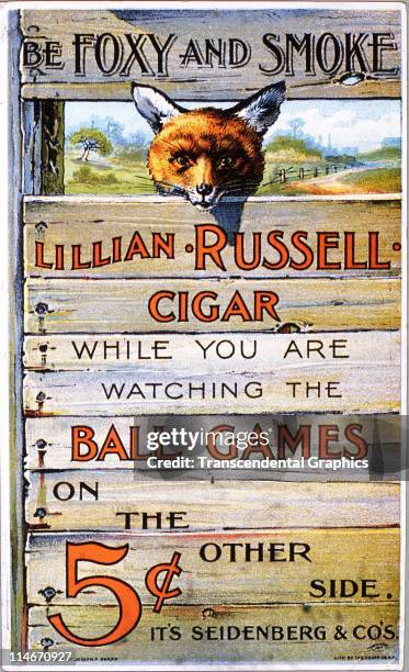 Trade card for the Lillian Russell Cigar, issued by a New York company Joseph P. Knapp, with a baseball theme, as the fox looks through the fence at...