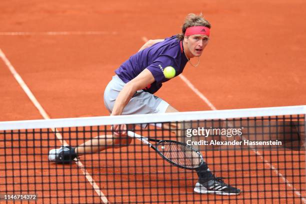 Alexander Zverev of Germany plays a back hand during his quater final match againt Cristian Garin of Chile on day 7 of the BMW Open at MTTC IPHITOS...