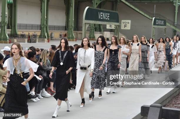 Models walk the runway during Chanel Cruise 2020 Collection at Le Grand Palais on May 03, 2019 in Paris, France.