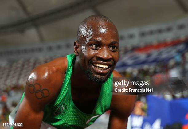 Nijel Amos of Botwana celebrates after winning the Men's 800 metres during the IAAF Diamond League event at the Khalifa International Stadium on May...