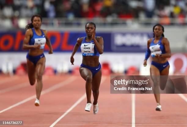 Dina Asher-Smith of Great Britain races to the finish line to win the Women's 200 metres during the IAAF Diamond League event at the Khalifa...