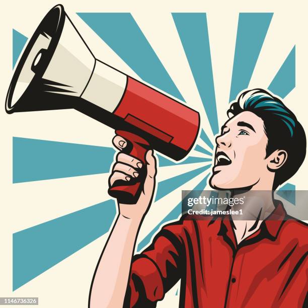 man with megaphone - one young man only stock illustrations