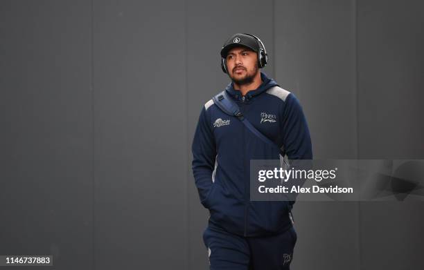 Denny Solomona of Sale Sharks arrives during the Gallagher Premiership Rugby match between Bristol Bears and Sale Sharks at Ashton Gate on May 03,...