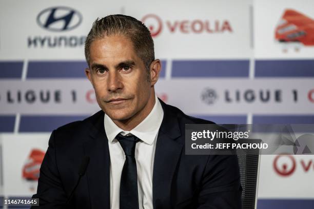 Olympique Lyonnais new Brazilian coach Sylvinho looks on during a press conference, on May 28, 2019 in Decines Groupama Stadium near Lyon.