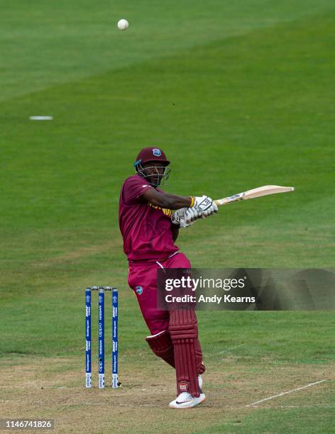 Andre Russell of West Indies batting during the ICC Cricket World Cup 2019 Warm Up match between West Indies and New Zealand at Bristol County Ground...