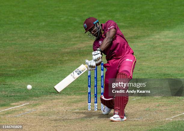 Andre Russell of West Indies batting during the ICC Cricket World Cup 2019 Warm Up match between West Indies and New Zealand at Bristol County Ground...