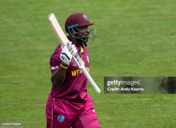 Andre Russell of West Indies acknowledges the applause at the end of his innings during the ICC Cricket World Cup 2019 Warm Up match between West...