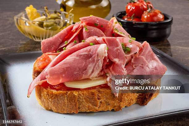 ham and cheese on bread - bruschetta stock pictures, royalty-free photos & images