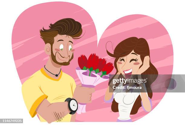 delivering flowers to girlfriend on valentine's day - shy stock illustrations
