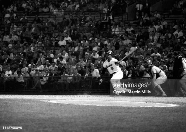 Paul Blair of the Baltimore Orioles swings at the pitch during an MLB game against the Seattle Pilots on August 27, 1969 at Memorial Stadium in...
