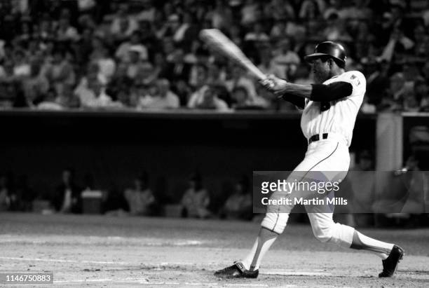 Paul Blair of the Baltimore Orioles swings at the pitch during an MLB game against the Seattle Pilots on August 28, 1969 at Memorial Stadium in...