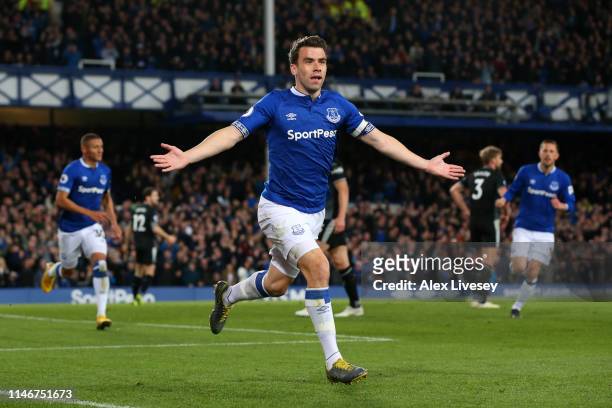 Seamus Coleman of Everton celebrates after scoring his team's second goal during the Premier League match between Everton FC and Burnley FC at...
