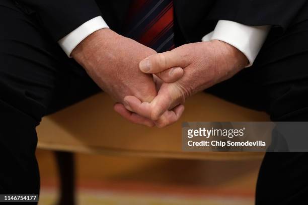 President Donald Trump talks to reporters while hosting Slovak Republic Prime Minister Peter Pellegrini in the Oval Office at the White House May 03,...